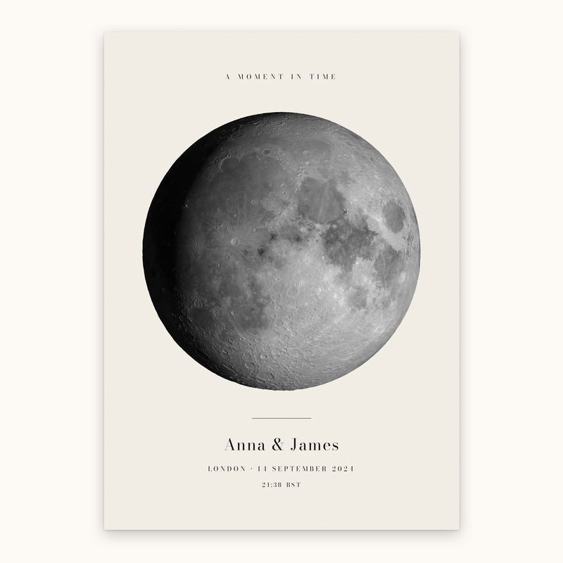 Personalized moon phase print with the names Anna & James, shown as an unframed print on a warm white background.
