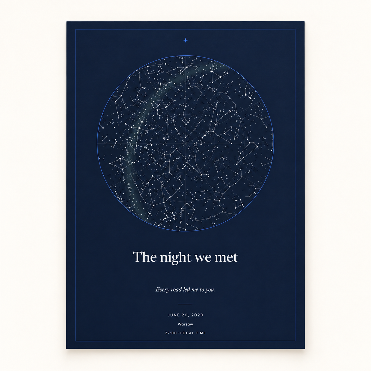Personalized navy star map with the title The night we met, shown as an unframed print on a warm white background.