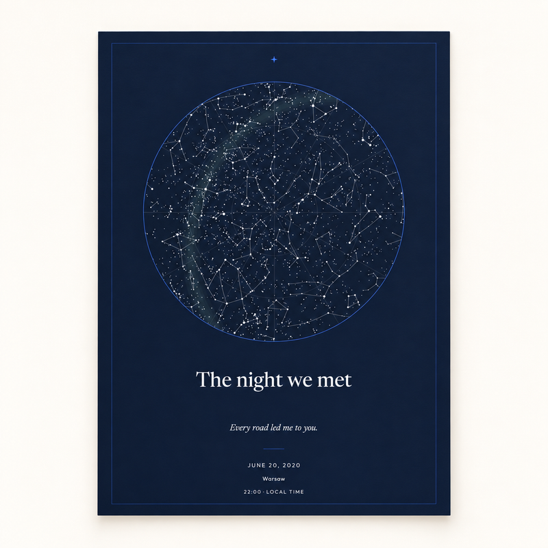 Personalized navy star map with the title The night we met, shown as an unframed print on a warm white background.