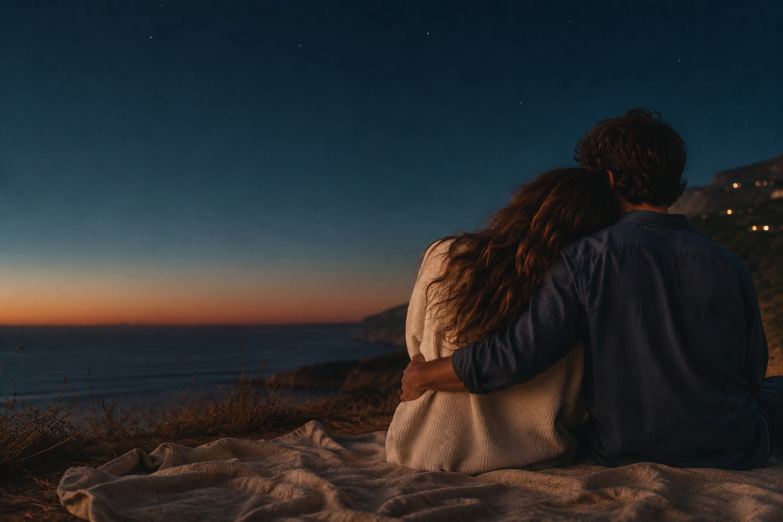 A couple holding each other on a coastal headland at dusk.